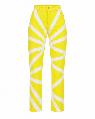 Fiorucci yellow and white sunburst high-waisted jeans, front view