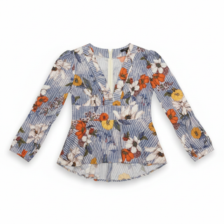 Floral patterned long-sleeve top on a white background