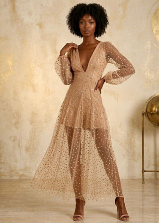 Woman wearing a sheer beige dress with long sleeves in an elegant room.