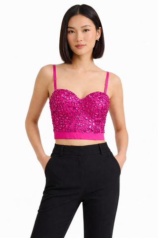 Hot Pink Crystal-Embellished Bustier Crop Top - Small