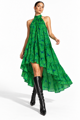 Green Tropical Print High-Low Halter Dress – Size Small