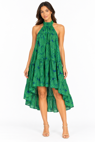 Green Tropical Print High-Low Halter Dress – Size Small
