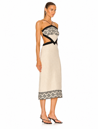 PatBO Embroidered Cut-Out Open Back Midi Dress in Neutral & Black - Size 4