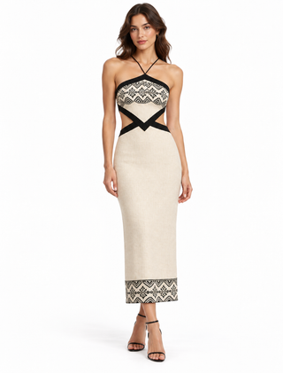 PatBO Embroidered Cut-Out Open Back Midi Dress in Neutral & Black - Size 4