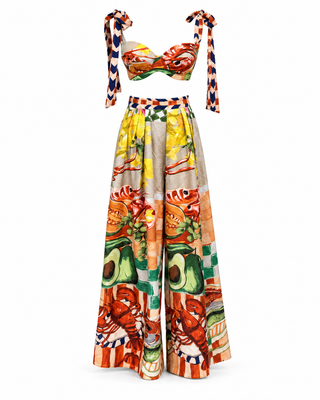 Printed Bow-Shoulder Crop Top & Wide-Leg Pants Set – Size Small