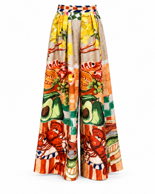 Printed Bow-Shoulder Crop Top & Wide-Leg Pants Set – Size Small