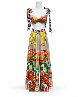 Printed Bow-Shoulder Crop Top & Wide-Leg Pants Set – Size Small