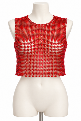 Red Rhinestone Tank Open Back Cropped — Medium