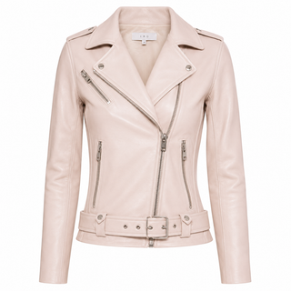 Beige leather jacket with zippers on a white background