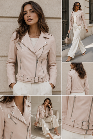 Woman wearing a light pink leather jacket in various settings