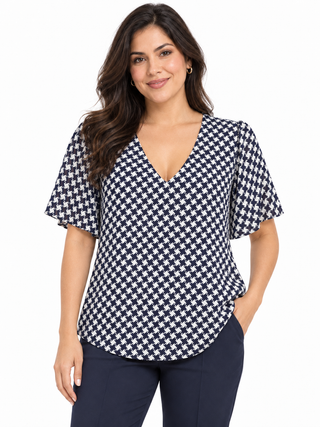 Joie Navy & White Houndstooth Flutter-Sleeve V-Neck Blouse