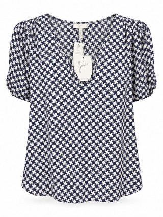 Joie Navy & White Houndstooth Flutter-Sleeve V-Neck Blouse