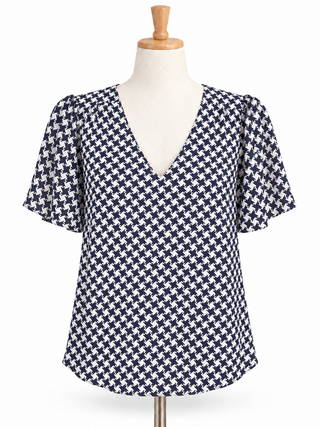 Joie Navy & White Houndstooth Flutter-Sleeve V-Neck Blouse