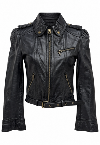 Juicy Couture Black Leather Puff-Shoulder Moto Jacket