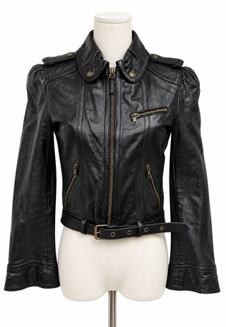 Juicy Couture Black Leather Puff-Shoulder Moto Jacket