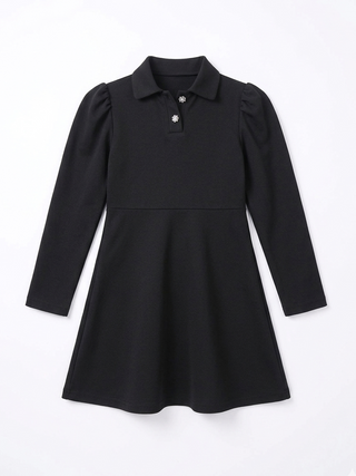 Black dress with long sleeves and a collar on a white background