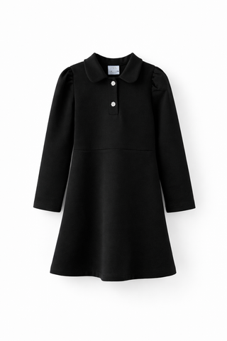 Kids Zara Black Puff-Sleeve Polo Collar Rhinestone-Button Fit-and-Flare Dress, Girls - Size 13 - 14