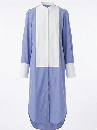 Long-sleeve shirt with a blue and white color block design on a light gray background