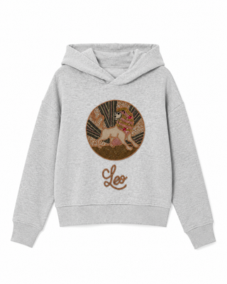 Gray hoodie with a 'Leo' design on a white background