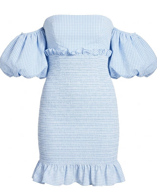 Blue checkered dress with puffed sleeves on a white background