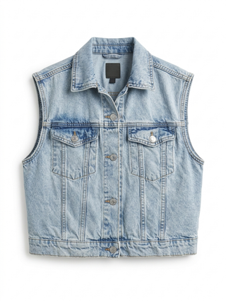 Light blue denim vest on a white background