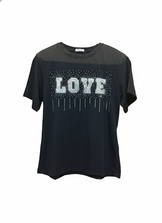 Black t-shirt with 'LOVE' text on a white background