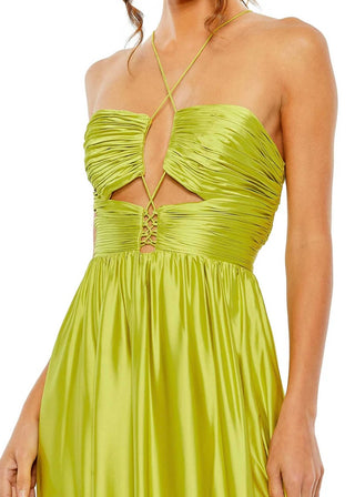 Lime green halter neck dress with cut-out design on a white background