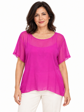 Magenta Chiffon Flutter-Sleeve Scoop Neck Top