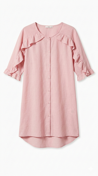 Pink dress with ruffled collar on a white background