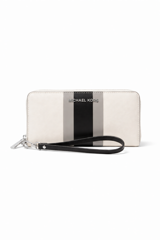 White wallet with black strap and visible brand logo on a white background