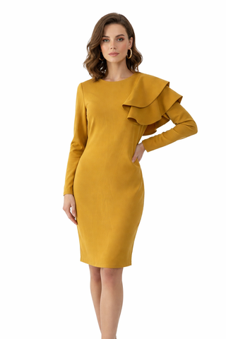 Mustard Ruffle Shoulder Dress - Small