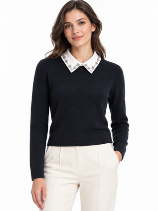 Navy Knit Sweater with Crystal-Embellished Peter Pan Collar