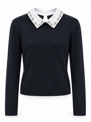 Navy Knit Sweater with Crystal-Embellished Peter Pan Collar