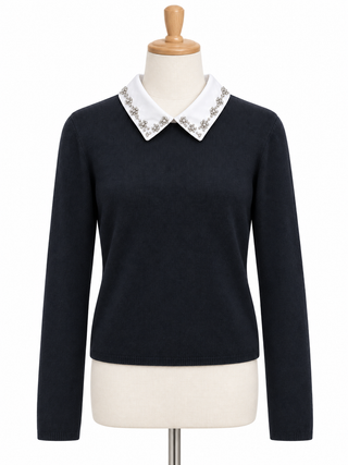 Navy Knit Sweater with Crystal-Embellished Peter Pan Collar