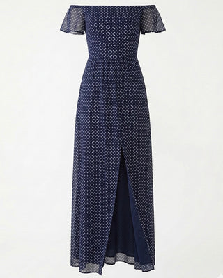Navy polka dot off-shoulder gown on a white background
