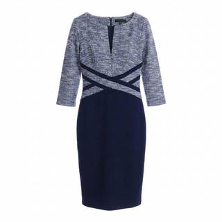Navy dress with a textured pattern on a white background