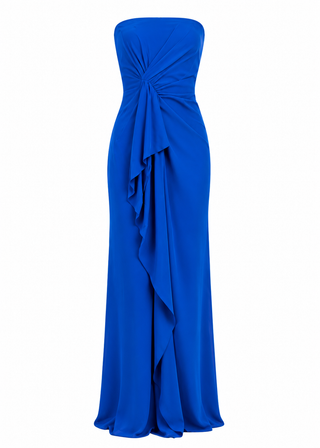 Blue strapless gown with a draped design on a white background