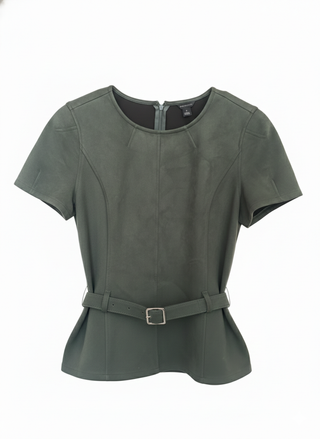 Green peplum top with a belt on a white background