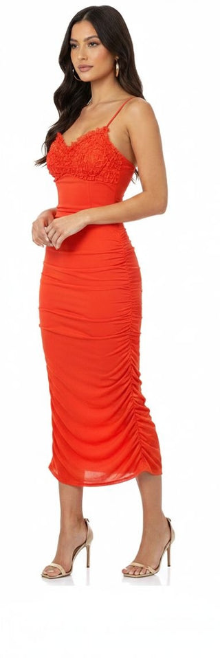 Textured Ruched Orange Midi Dress - Small