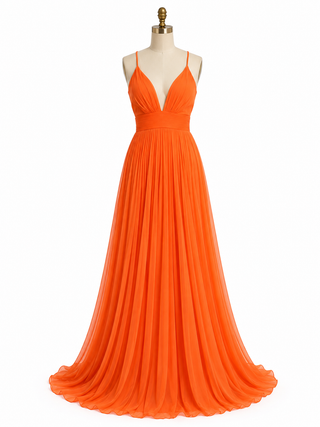 Bright orange floor-length gown with thin spaghetti straps, a plunging V-neckline, and a flowing chiffon skirt, displayed on a mannequin against a plain white background.