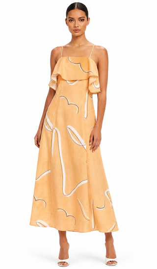 Peach Abstract Print Off-Shoulder Ruffle Maxi Dress