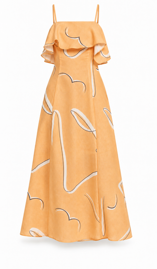 Peach Abstract Print Off-Shoulder Ruffle Maxi Dress