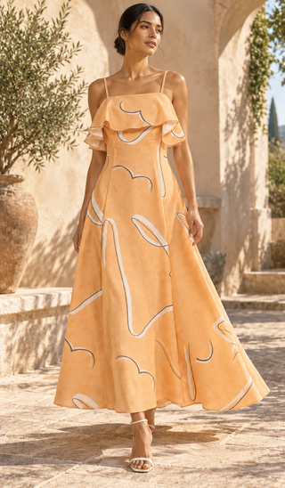 Peach Abstract Print Off-Shoulder Ruffle Maxi Dress