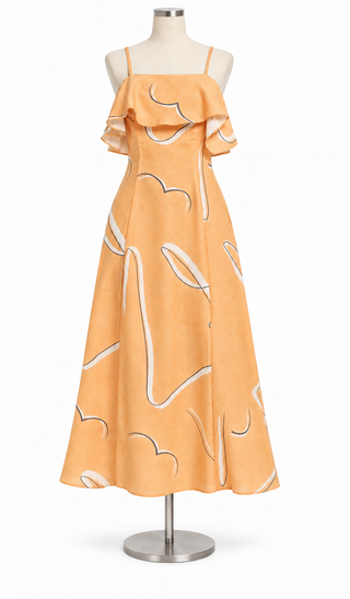 Peach Abstract Print Off-Shoulder Ruffle Maxi Dress
