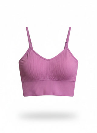 Purple ribbed sports bra on a white background