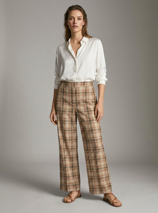Woman wearing a white shirt and plaid pants against a gray background