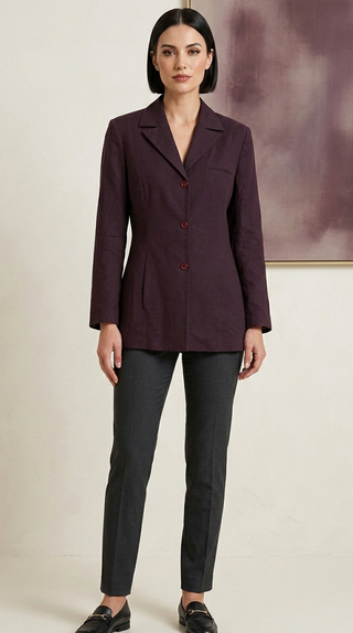 Woman wearing a dark purple blazer and black pants in a minimalistic setting.
