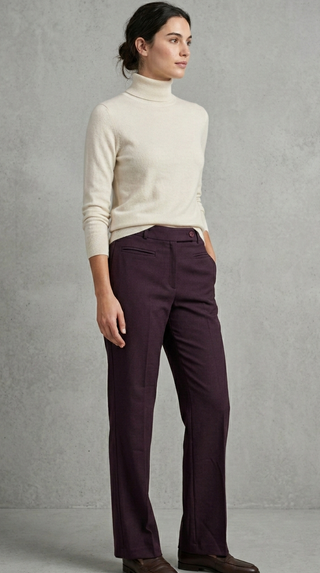 Woman wearing a cream turtleneck sweater and dark purple pants against a gray background