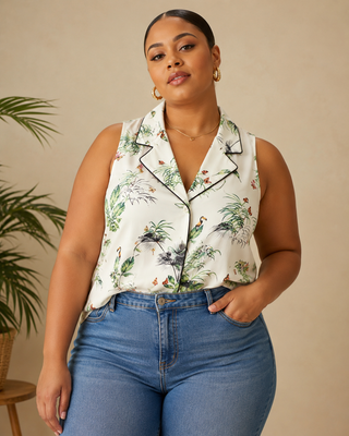 A woman wearing a sleeveless white button-up blouse with a tropical bird and floral print, styled with blue jeans against a beige background with a plant visible on the left.