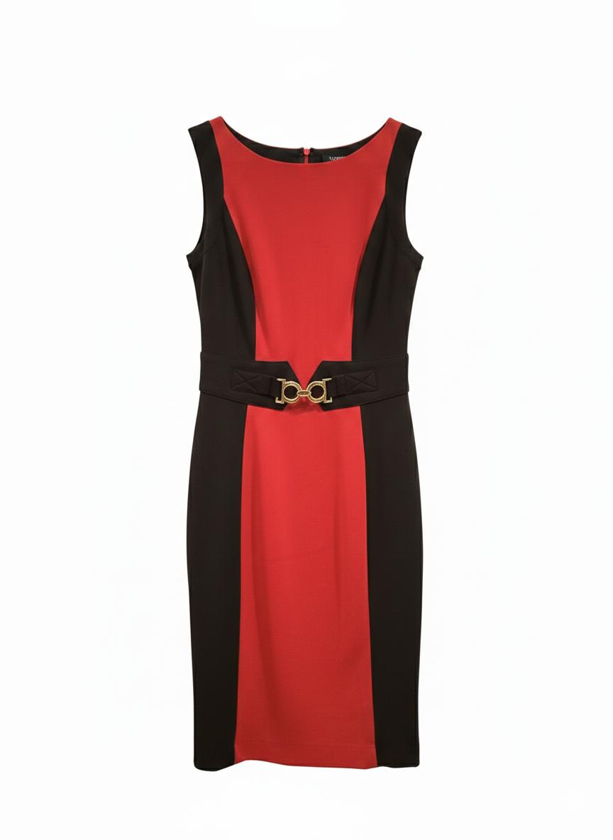 Red Black Color Block Dress Gold Belt - Jessica Delgado